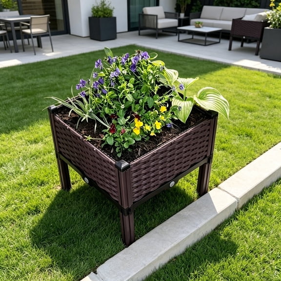 Raised Garden Bed with Legs, Outdoor Planter Box for Vegetables, Herbs & Flowers, Food-Grade PP Garden Planter with Drainage System