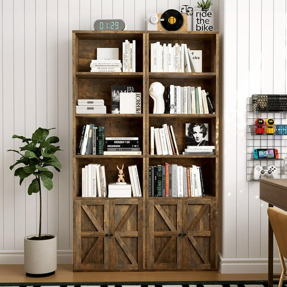 oneinmil 71.5" Tall Bookshelf and Bookcase Set of 2, Wooden Bookshelves with Cabinet Doors, 6-Tier Bookshelves and Office Storage Cabinets for Home & Office(Brown 2 Pack, 6-Tier)
