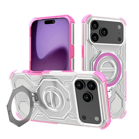 for iPhone 17 Pro Case Military Grade Protection Magnetic Heavy Duty Stand Built-in Screen Protector Belt(translucent pink)