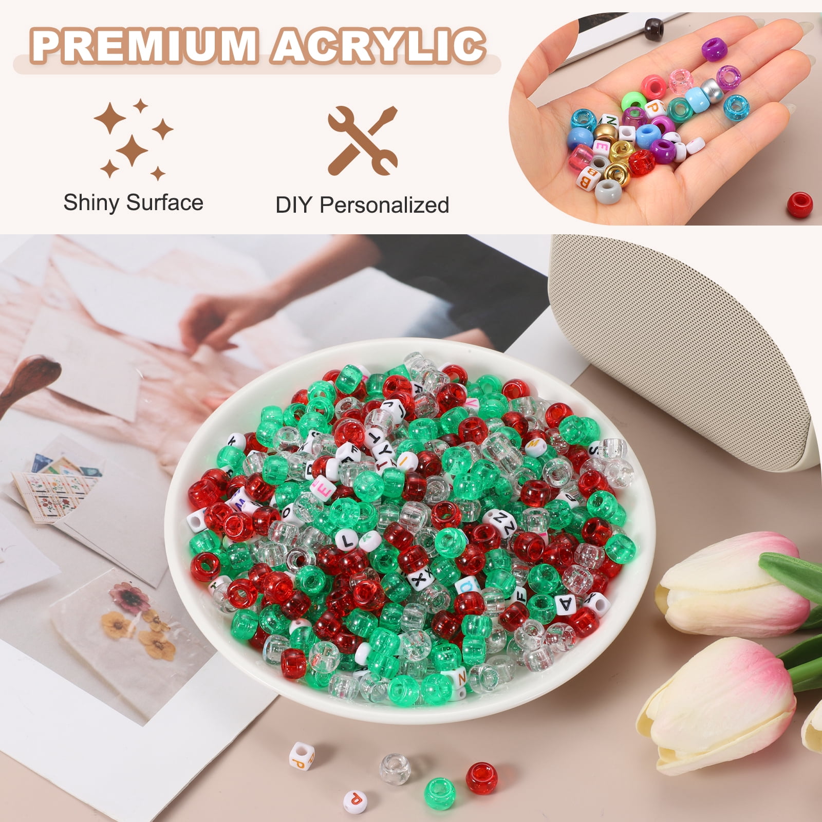 Uxcell 1000 Pcs Pony Beads 6 x 9 mm Acrylic Friendship Bracelet Making Kit with Letter Bead, Pink/Green/White