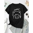 thumbnail image 2 of Women'S Casual Crew Neck T-Shirt with Lucky Bear Print, Fashionable Short Sleeve Top, Medium Stretch Polyester (95%) & Spandex (5%), All-Season Animal Pattern Tee for Sports & Leisure, 2 of 6