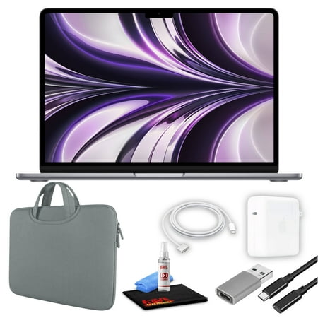 Restored Apple MacBook Air 13" Laptop (M2 Chip, 8-Core CPU, 8GB RAM) (Mid 2022, 512GB SSD, Space Gray) (MLXX3LL/A) Bundle with Gray Zipper Sleeve, USB-C Extension Cable, and Screen Cleaning Kit