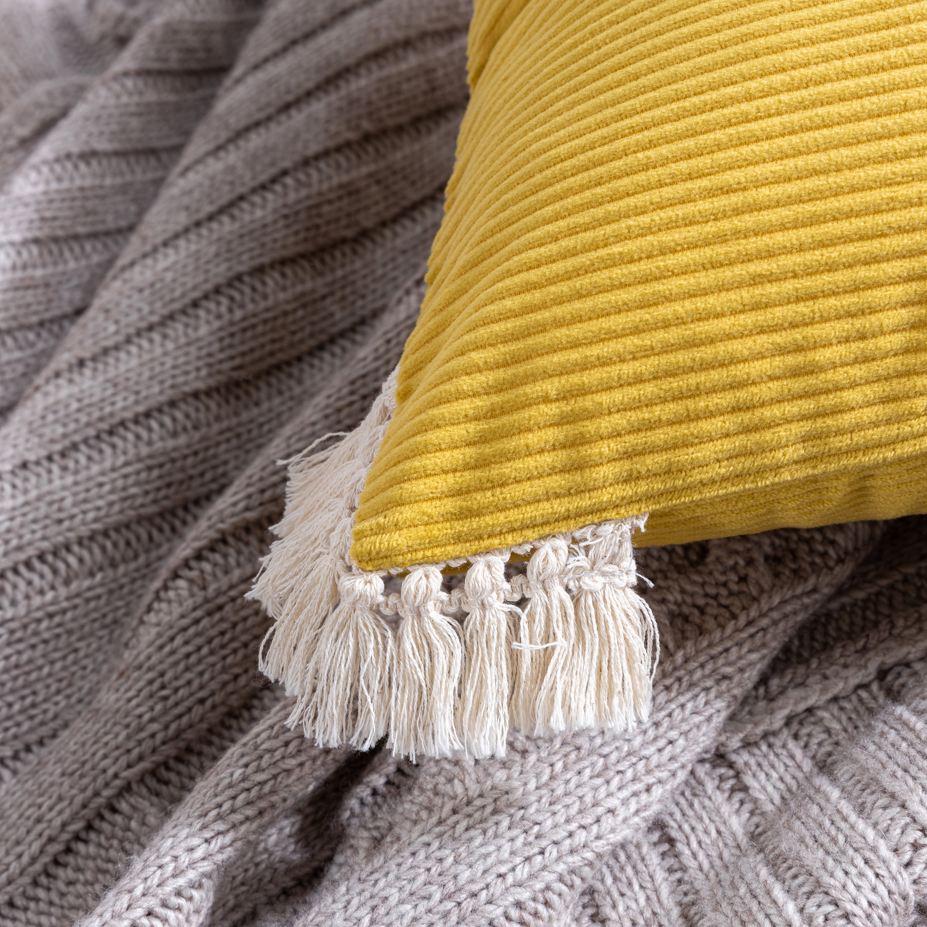 Phantoscope Soft Corduroy Velvet with Cotton Tassel Solid Square Cusion Accent Decorative Throw Pillow for Couch, 12" x 20", Yellow, 2 Pack