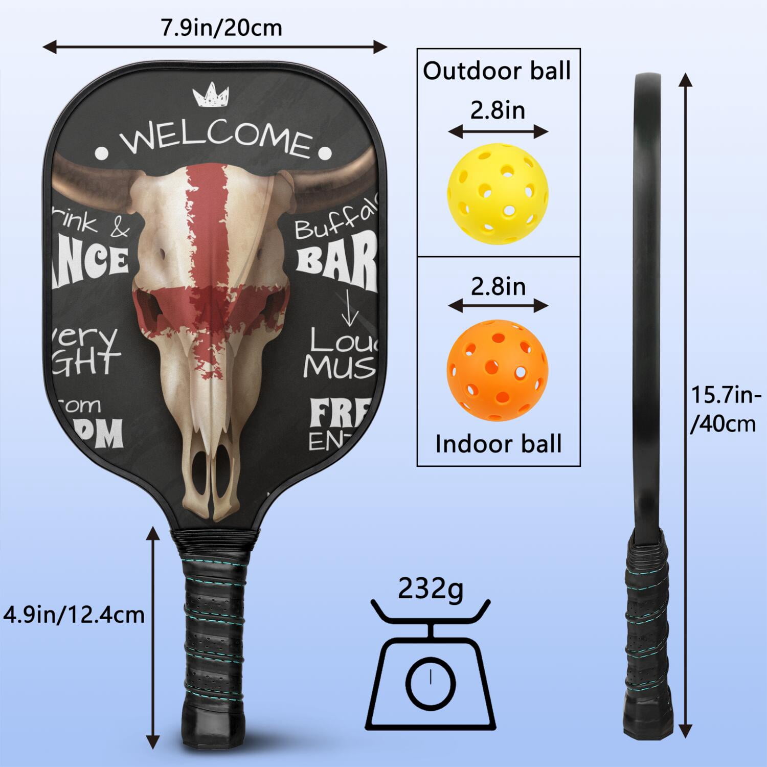 Pickleball Paddles Set Of 2, Fiberglass Surface, Skull & Cool Style, 4 Balls & Bag