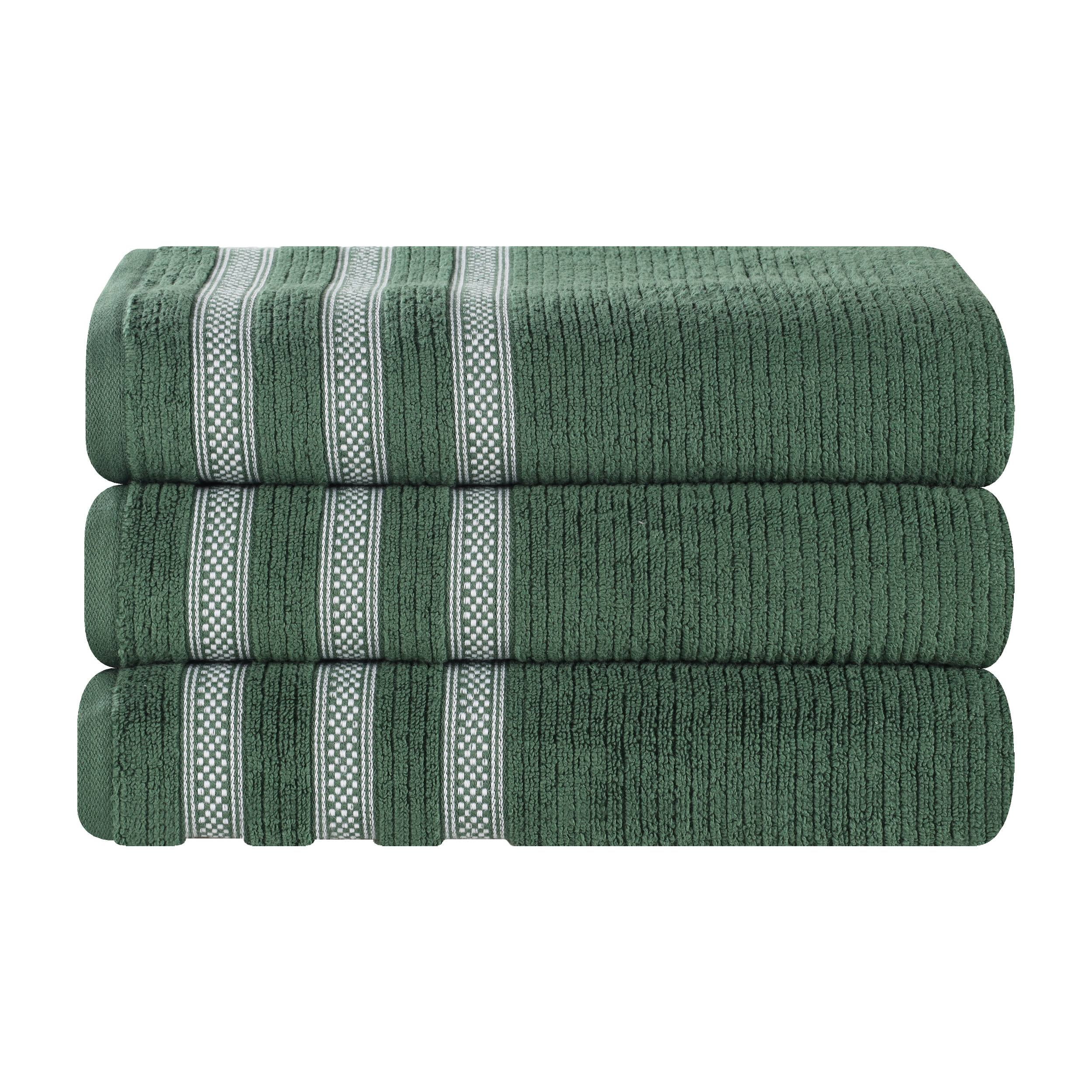 Superior Zero Twist Cotton Ribbed Geometric Bath Towel Set of 3 , Ultra Soft Quick Dry, Forest Green