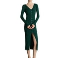 thumbnail image 2 of Women'S V-Neck Front Slit Rib Button Down Sweater Dress Dark Green M, 2 of 7