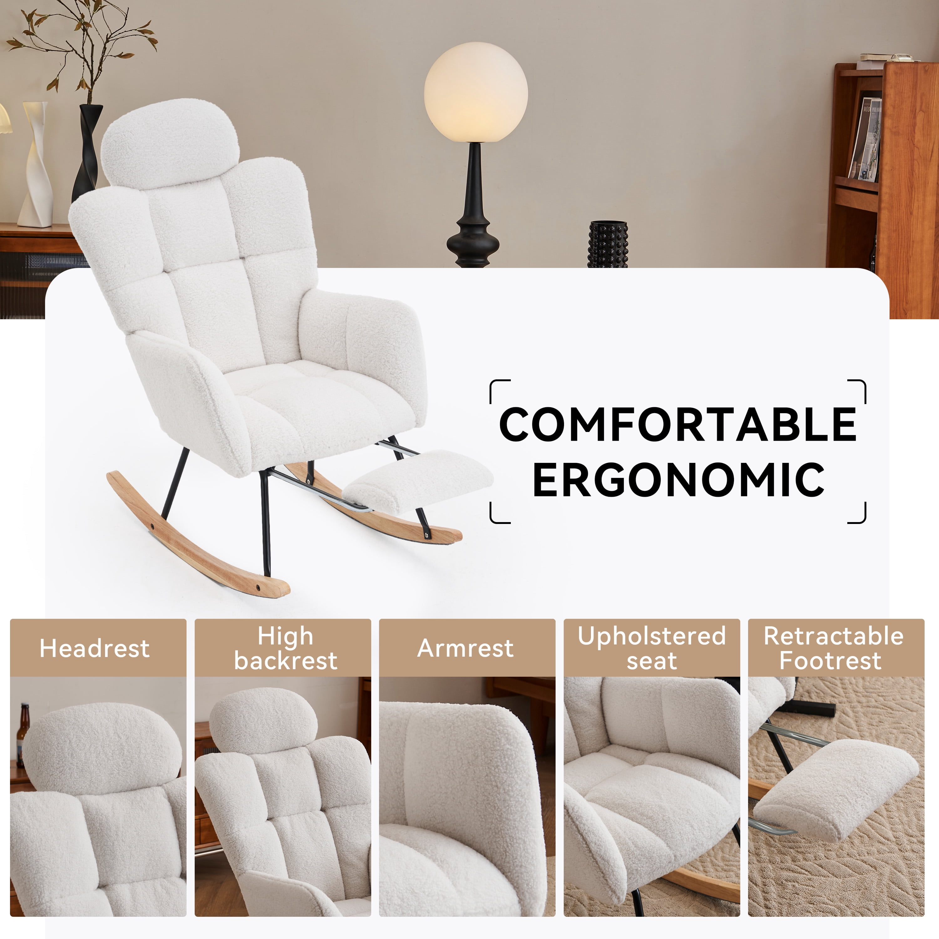 QuzyAor Teddy Fabric Nursery Glider Rocking Chair,Soft Upholstered Chair with Optional Footrest & Headrest for Baby Nursery Living Room,Ivory