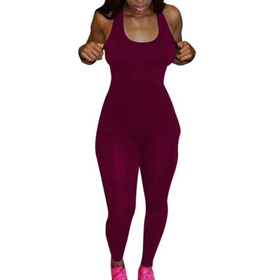 JFGHDG Women Racerback U Neck Bodycon Jumpsuit Sleeveless Seamless Skinny Leg Workout Yoga One Piece Outfit Wine Red S