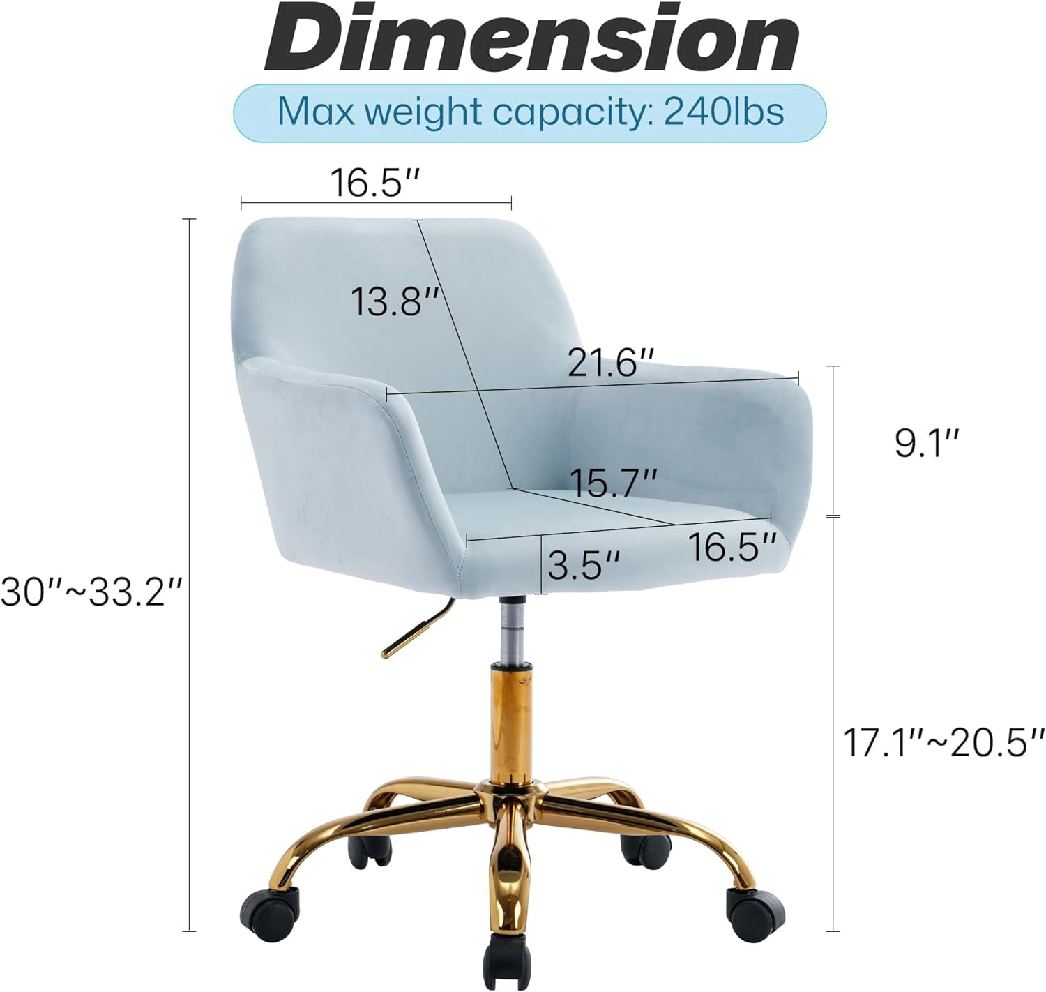 KCC Velvet office Desk Chair Teens Velvet High Back Home Makeup Adjustable Swivel Armchair, Blue