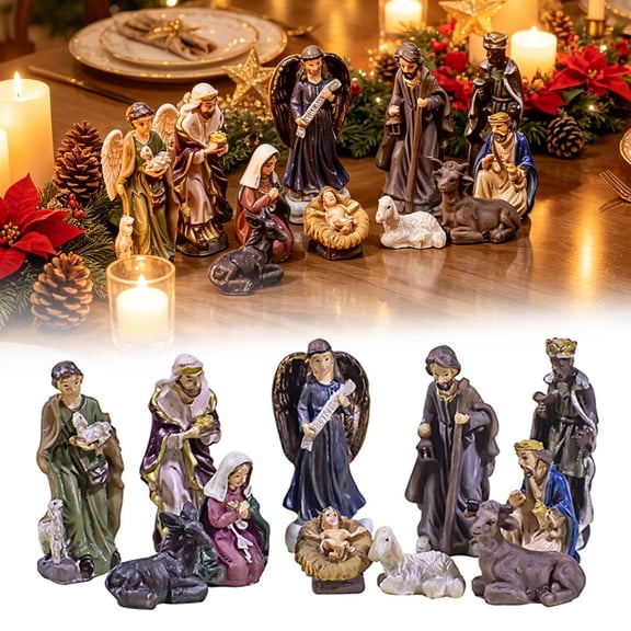 KGJQ 11 Pcs Christmas Nativity Scene Set, Resin Mini Nativity Figurines Tabletop Decor, Holy Family Angel Shepherd Animals Statues, Religious Christmas Indoor Home Ornament
