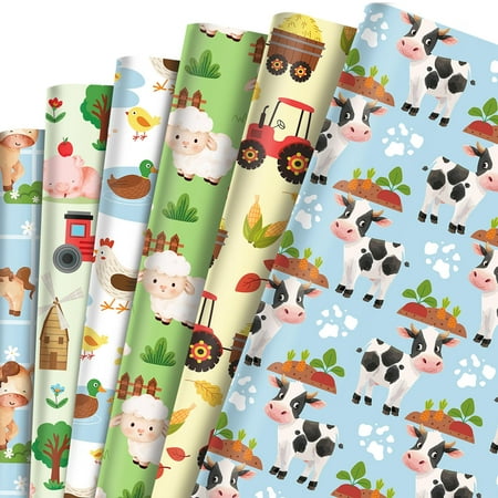 Farm Wrapping Paper PresNok 12 Sheets,6 Types Cow Wrapping Farmhouse Gift Wrap Tissue Paper for Gift for Birthday Kids Baby Shower Wedding DIY Crafts,20x27 In(Cow Chicken Sheep Pig Horse Farm)