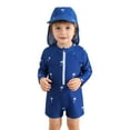 thumbnail image 4 of AWZXDE Boys Swimsuit Summer Long Sleeve Rash Guard Swim Shirt with Matching Swim Trunks and Sun Cap Set Cartoon Print 1M-3Y, 4 of 9