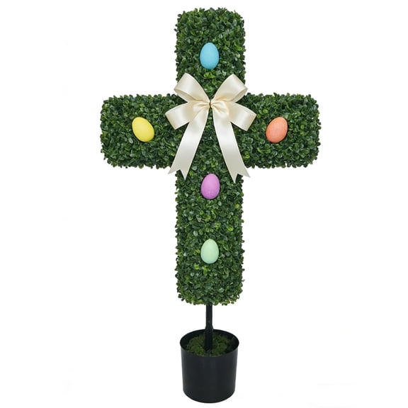 Easter Cross Shaped Topiary Decoration – Exquisite Boxwood Leaf Bunny in Black Pot, Faux Greenery Spring Porch & Indoor Decor