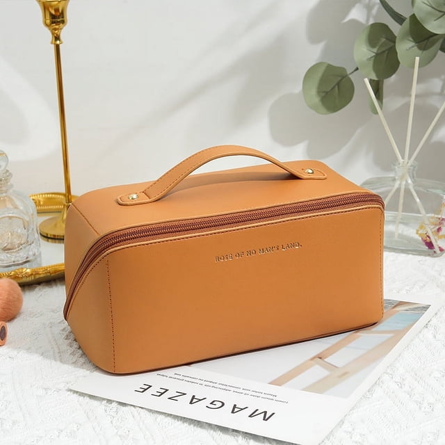 Neceser grande marrón moca, neceser de viaje con asa, neceser portátil impermeable para mujer, neceser grande de piel sintética.