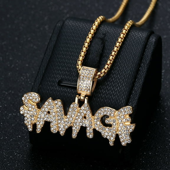 Bling Iced Out Savage 14K Yellow Gold Pendant Cubic Zirconia Letter Necklace for Men Women Hip Hop Rock Rap Party Jewelry