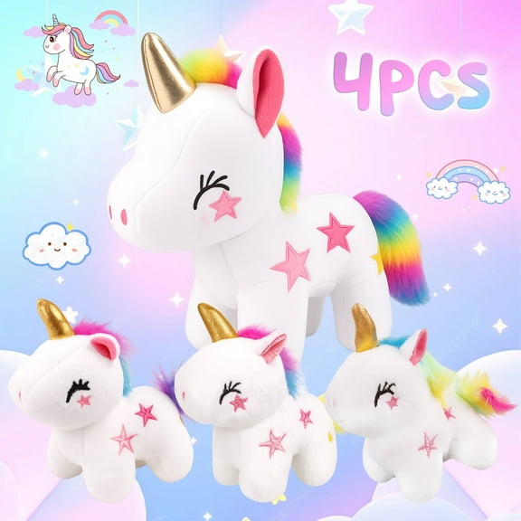 11.8inch Unicorn Stuffed Animals PlaySet- Unicorn Doll Toy Gifts for Girls - Stuffed Mommy Unicorn with 3 Baby Plush Unicorns