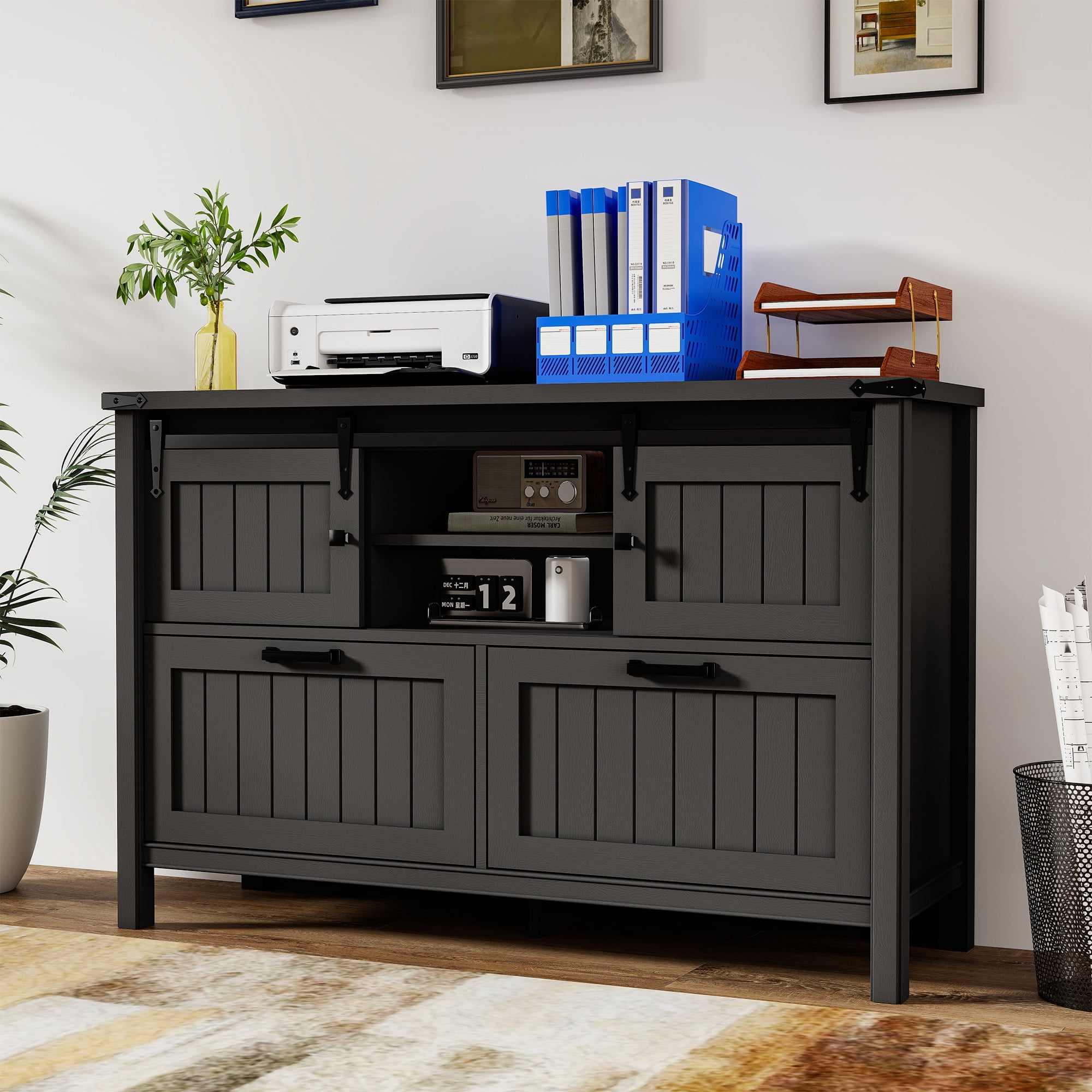 FIAKOA Farmhouse 2-Drawer Lateral File Cabinet, Filing Cabinet with Sliding Doors & Charge Station, Printer Stand Cabinets for Home Office, Black