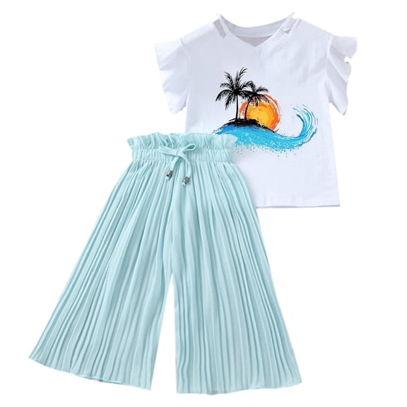 Bysome Summer Fashion Outfit Set Toddler Kids Girls Clothing Sets Sunflower T Shirt Tops Chiffon Ruched Loose Pants Outfits Children Clothes Sky Blue 3-4 Years