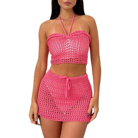 Women Hollow Out Bikini Coverups Knitted Skirt Set Backless Halter Tube Top+Elastic Waist Mini Skirt