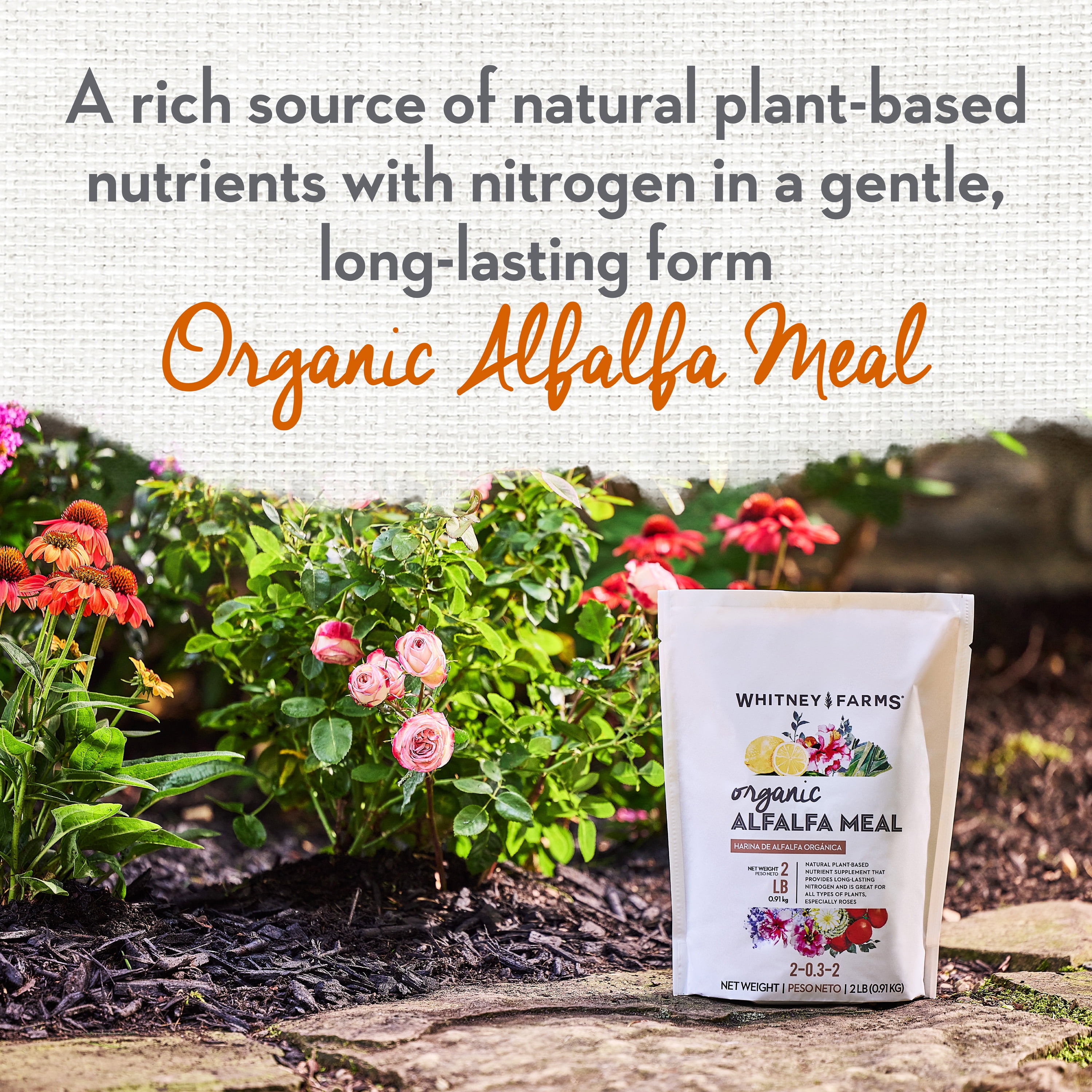 Whitney Farms Organic Alfalfa Meal, Nutrient Supplement for All Plant Types, 2 lbs.