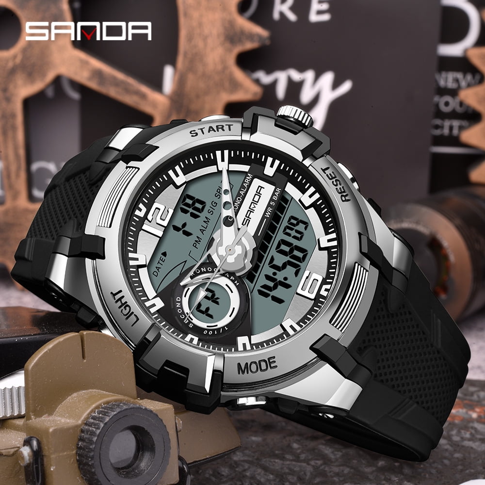 Sanda Men's Analog Sports Watch, LED Large Face Waterproof Wrist Watches, Dual Dial Digital Analog Watches for Men  6015