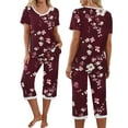thumbnail image 2 of snilers Halloween Pajamas Women Fashion Casual Floral Print Lounge Set Short Sleeve V Neck T Shirts and Capri Pants Matching Pjs Loungewear Set, 2 of 9