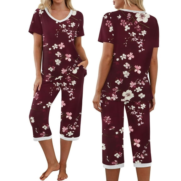 Goodtrade8 Lounge Sets for Women 2 Piece Straight Leg Pants V-Neck Sleepwear Casual Flower Short Sleeve Womens Pjs Sets