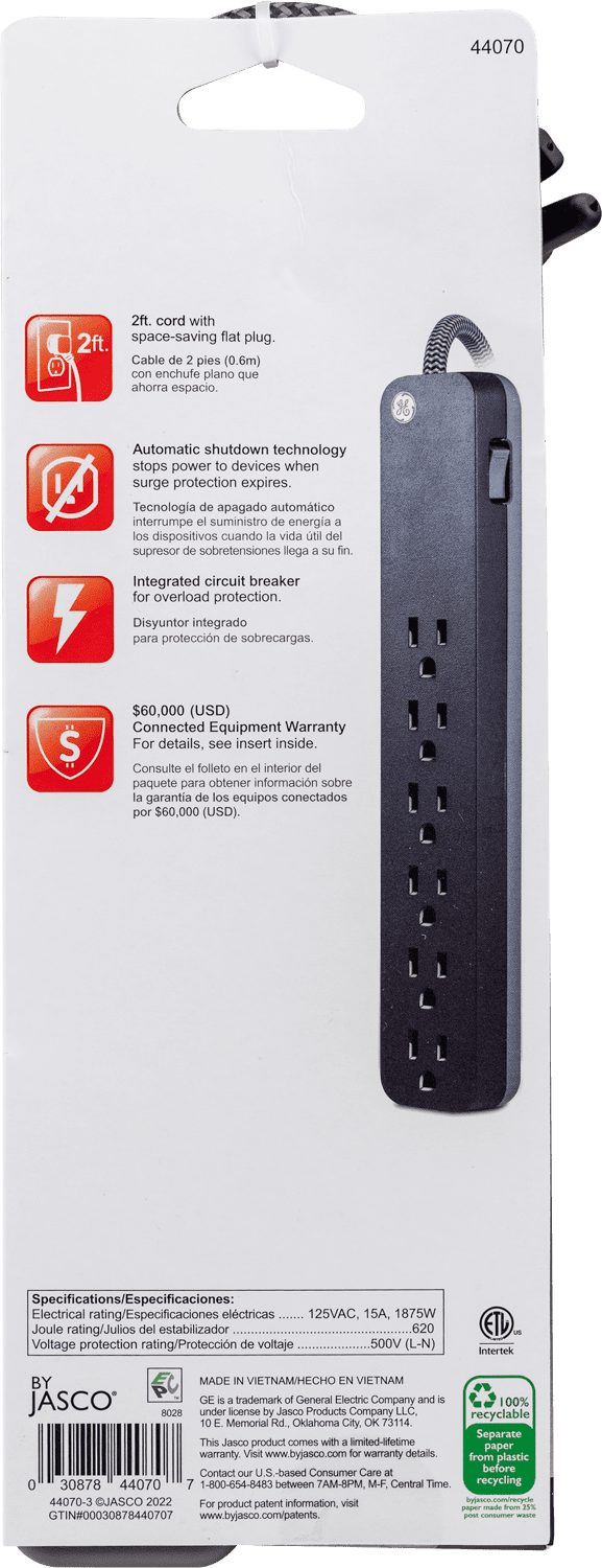 GE Pro Grounded 6-Outlet Surge Protector Power Strip with 2 ft. Braided Extension Cord, Black, 15-Amp