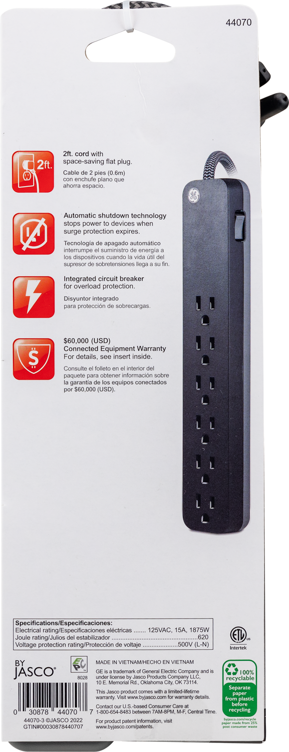 GE Pro 6-Outlet Surge Protector Power Strip, 2 Ft Cord photo 3