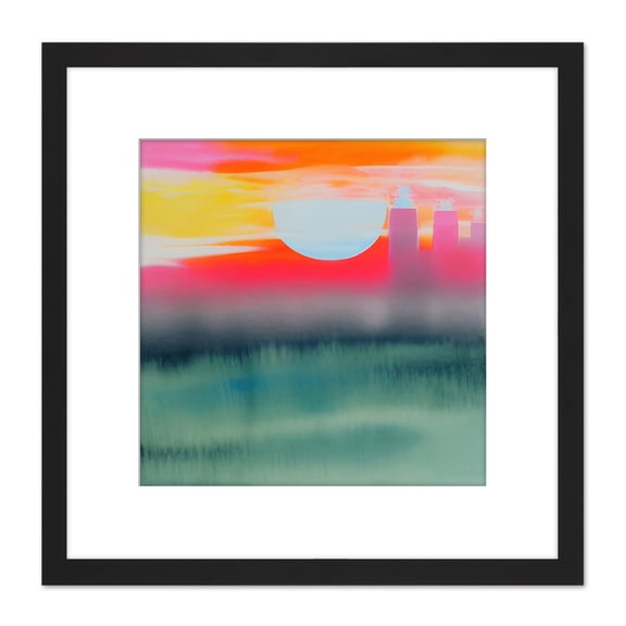 Sunset City Skyline Modern Abstract Bright Vibrant Pastel Watercolour Painting Square Wooden Framed Wall Art Print Picture 8X8 Inch