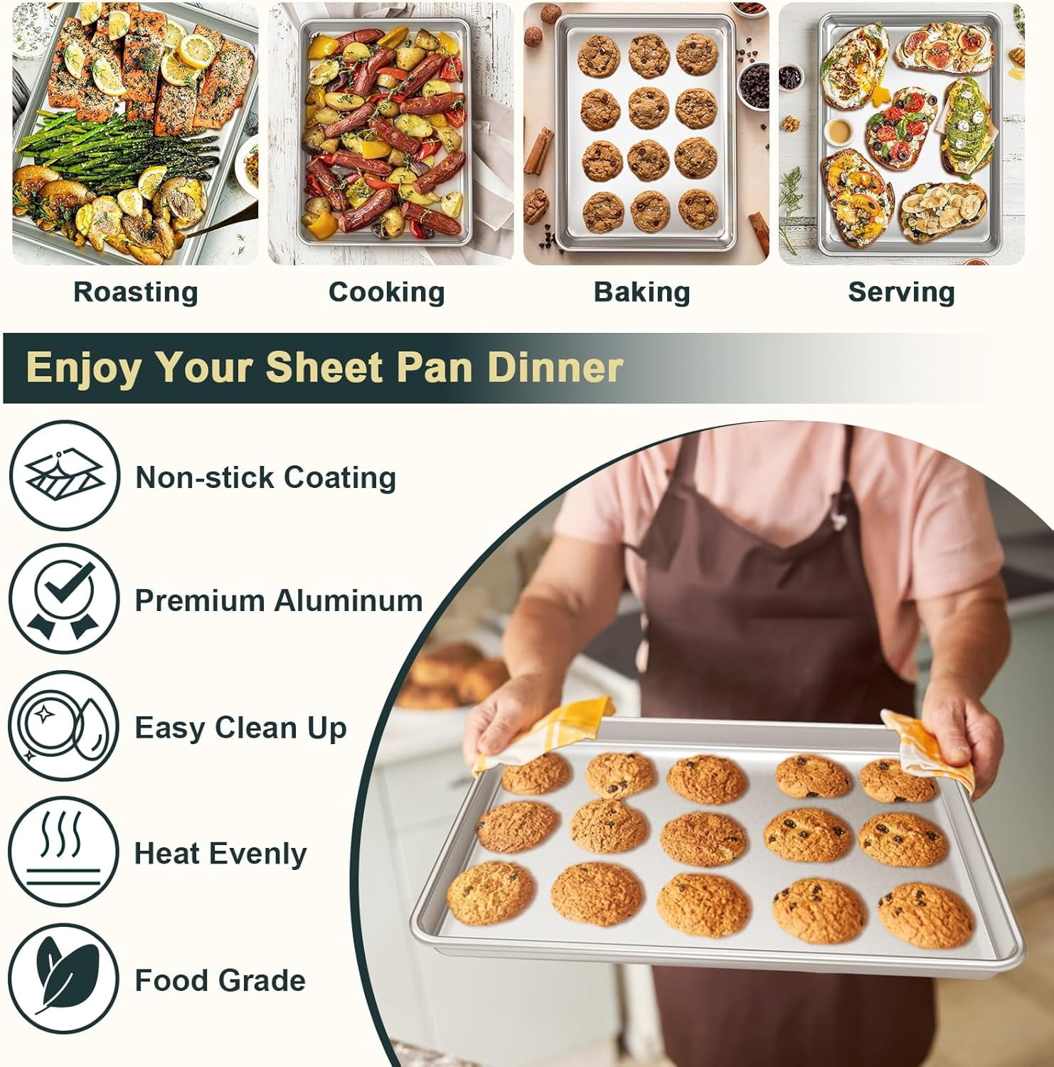 Nonstick Heavy Duty Natural Aluminum Baking Sheet, with Rack Set 2 Pans 2 Racks, Warp Resistant & Heavy Duty, Half Sheet Size