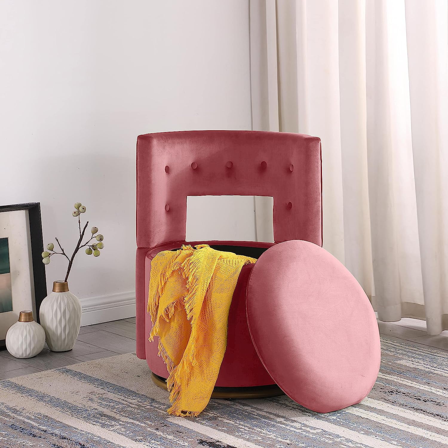 Swivel Accent Chair with Storage, Velvet Upholstery and Gold Metal Base