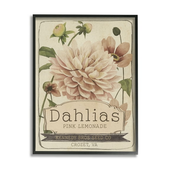 Stupell Industries Pink Lemonade Dahlias Vintage Floral Seed Packet Farmhouse Painting Black Framed Art Print Wall Art, 11 x 14, Design by Studio W