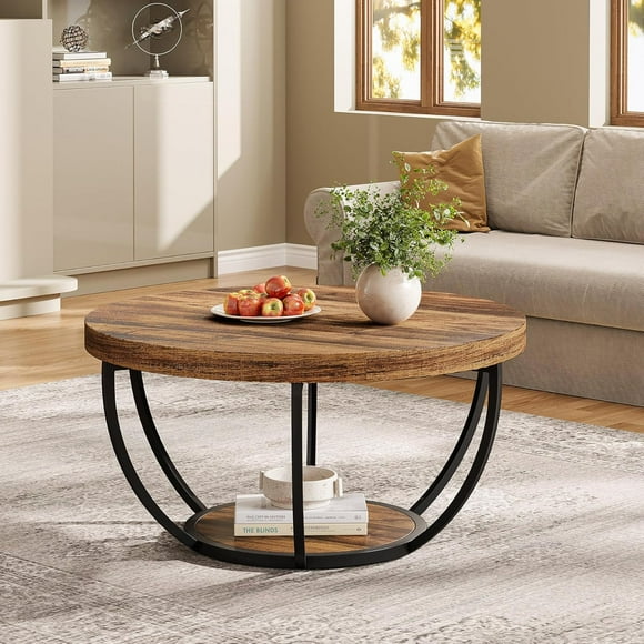 Tribesigns Round Coffee Table, Industrial 2-Tier Circle Coffee Table with Storage Shelves, Modern 31.7" Wooden Accent Center Table for Living Room, Home Office, Rustic Brown
