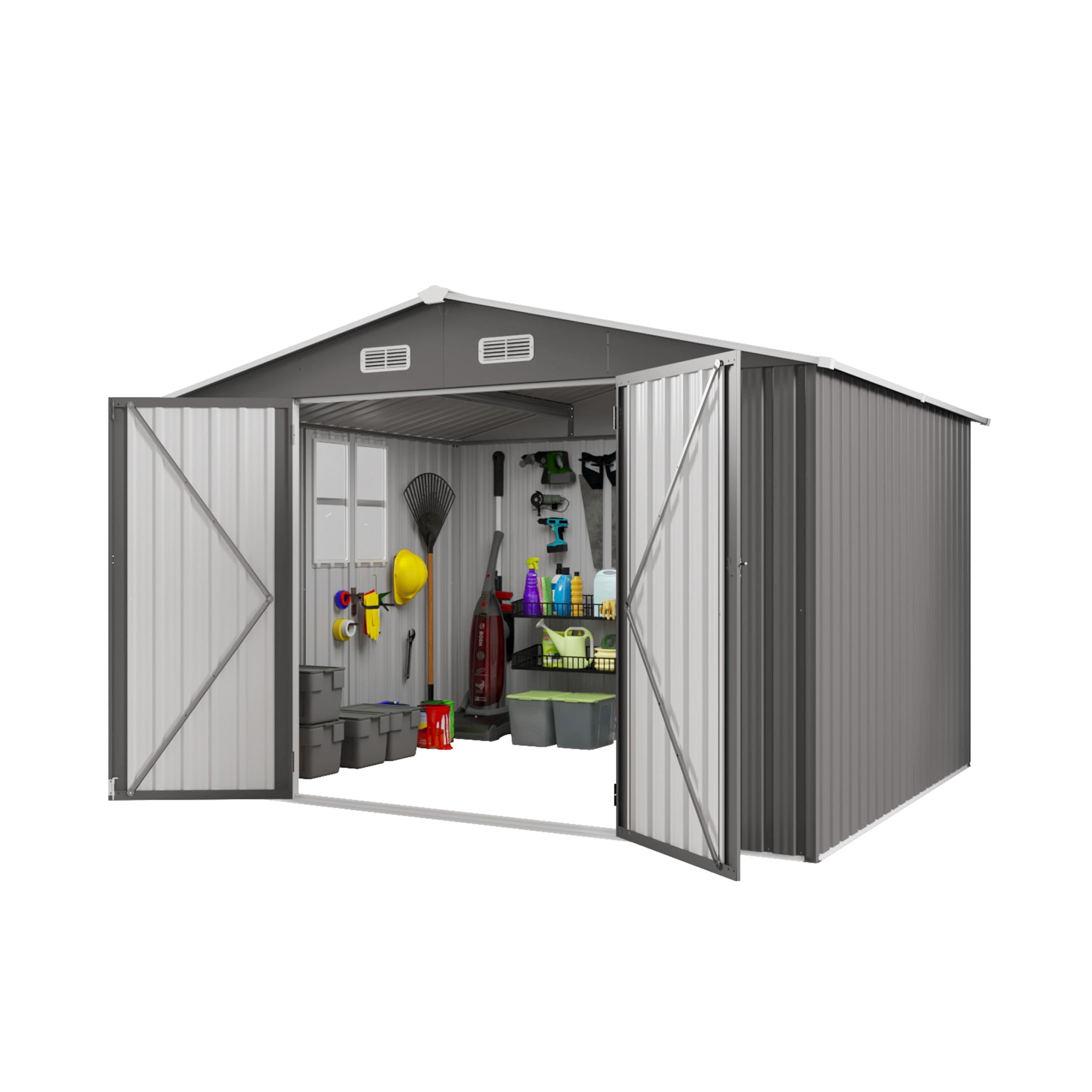 Noble House 10 x 8 FT Outdoor Metal Storage Shed with Lockable Doors, Window and Air Vents, Gray