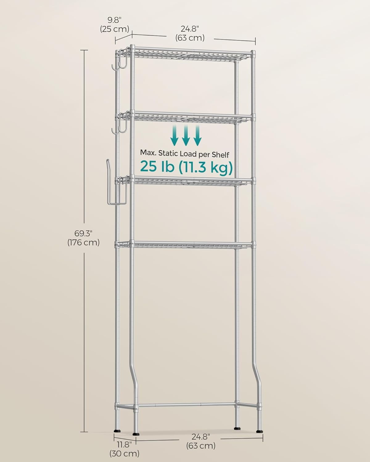 SONGMICS Bathroom Shelf, Storage Rack for Small Space, Total Load Capacity  220 lb, 11.8 x 11.8 x 48.6 Inches, with 5 PP Sheets, Removable Hooks