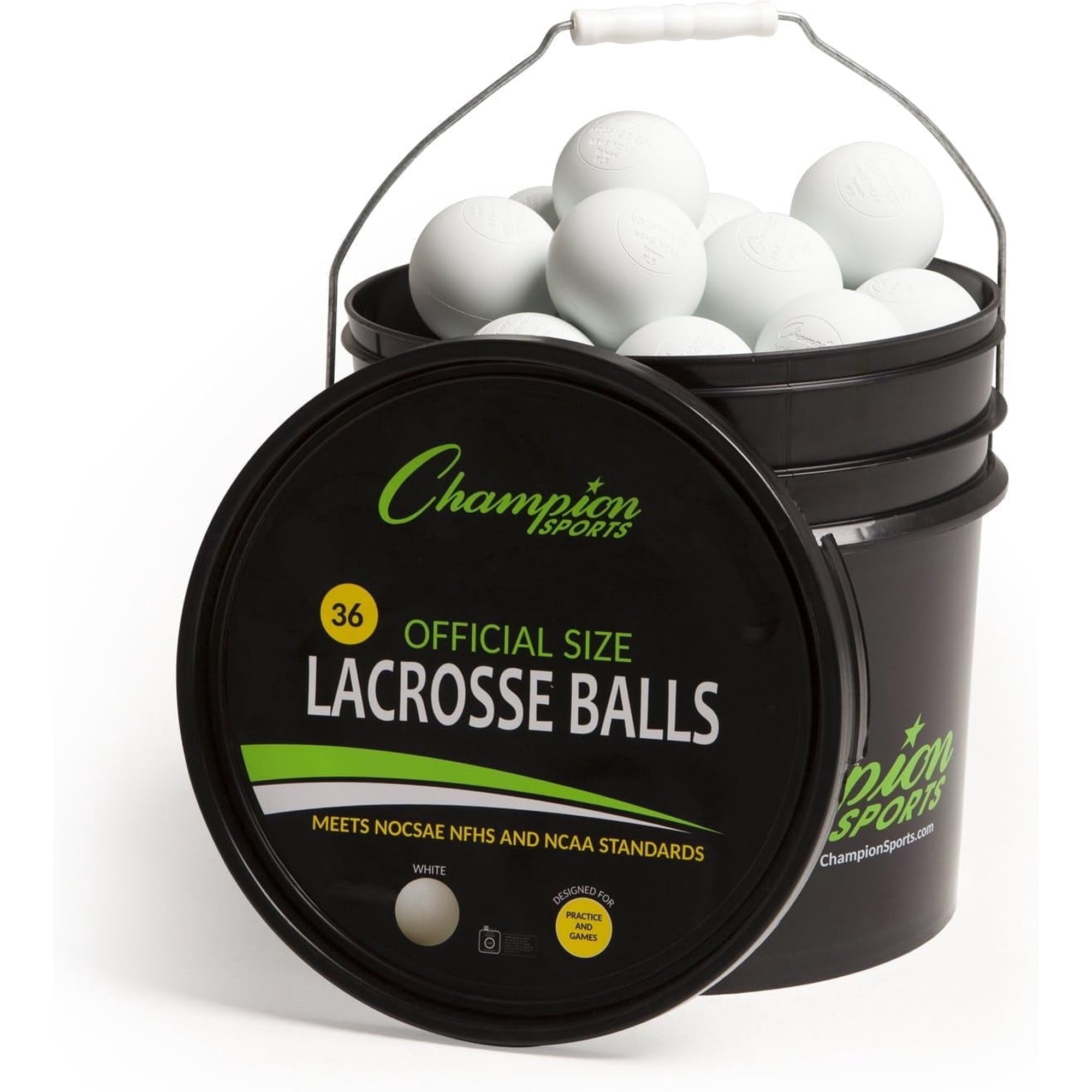 Champion Sports Lacrosse Balls in a Bucket: Regulation Training, Practice and Game Play Ball Set - 36 Count - NCAA and NFHS Certified - White