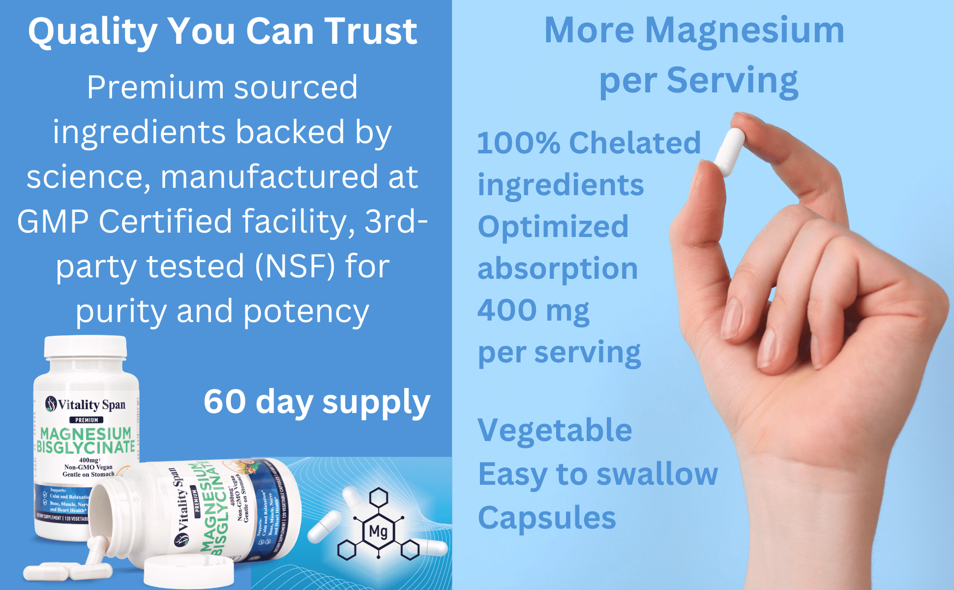 Magnesium Glycinate 400mg, Chelated Magnesium Gentle on Stomach, Supports Stress Relief, Sleep, Health and Relaxation, 120 Vegetable Capsules, Made in USA