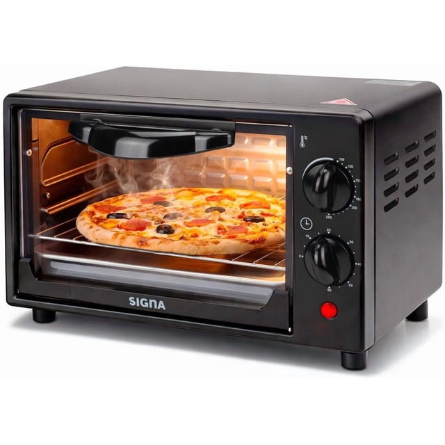 horno eléctrico de convección tostador de 7l hornito te permiten asar, gratinar, dorar y tostar; incluye parrilla y bandeja convección envolvente temporizador con sistema de apagado automático vista frontal 3/4 de horno tostador negro con pizza sobre rejilla y bandeja de aluminio, panel lateral con dos perillas para temperatura (100–250 °C) y temporizador hasta 1 hora, luz indicadora y resistencias visibles; a menudo se usa también para tostar pan y recalentar porciones pequeñas.