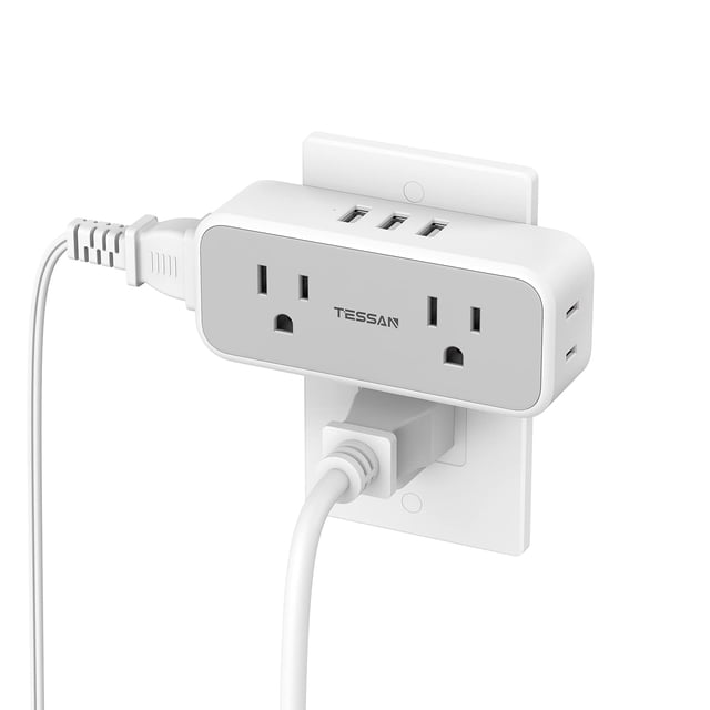 Extensor de enchufe con protector contra sobretensiones TESSAN 7 en 1 con 4 salidas, 3 USB