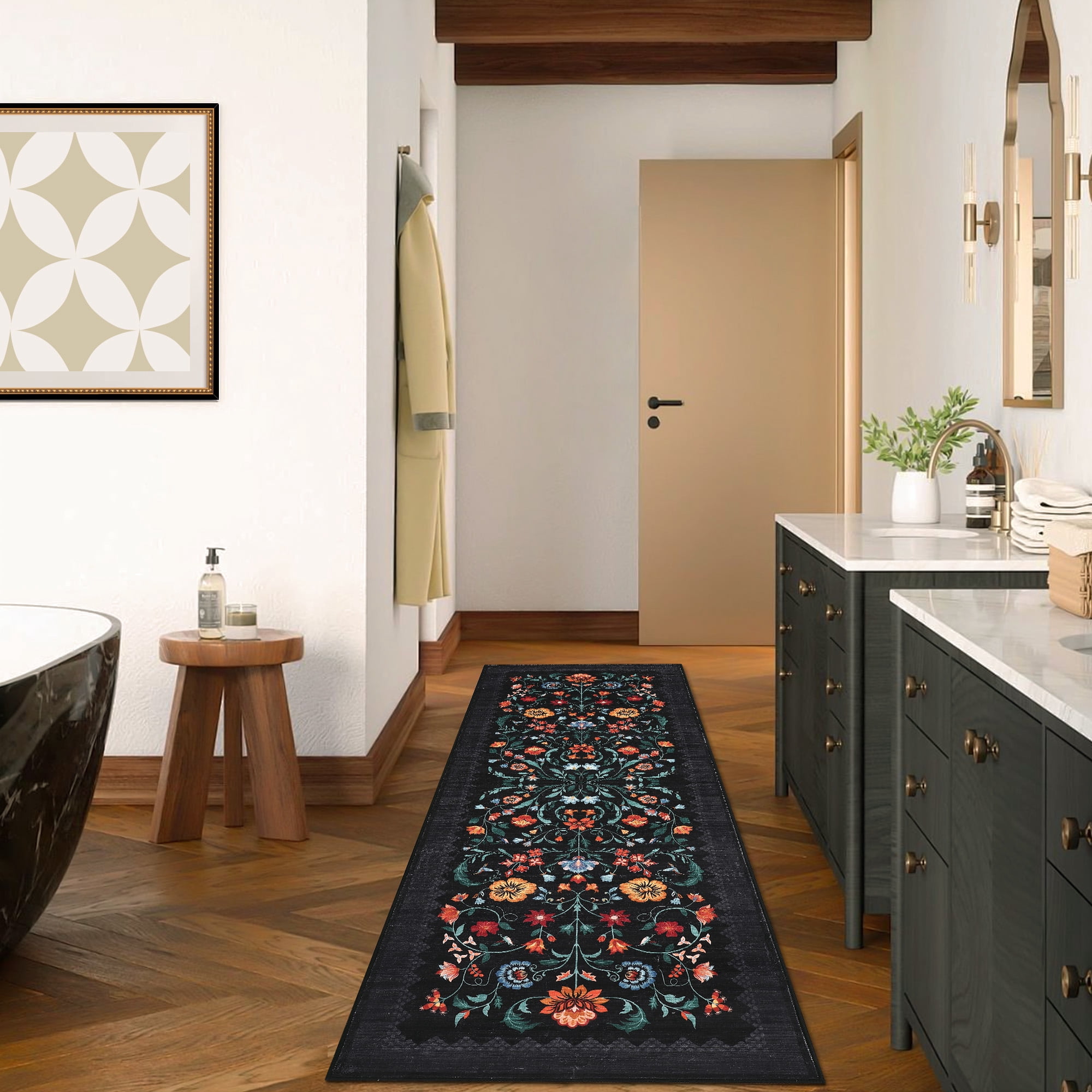 Garvee 2'x6' Floral Printed Runner Rug Vintage Soft Rug, Washable Low Pile Rug Stain Resistant Farmhouse Indoor Carpets with Non Slip Backing for Hallway Bedroom Playroom, Black