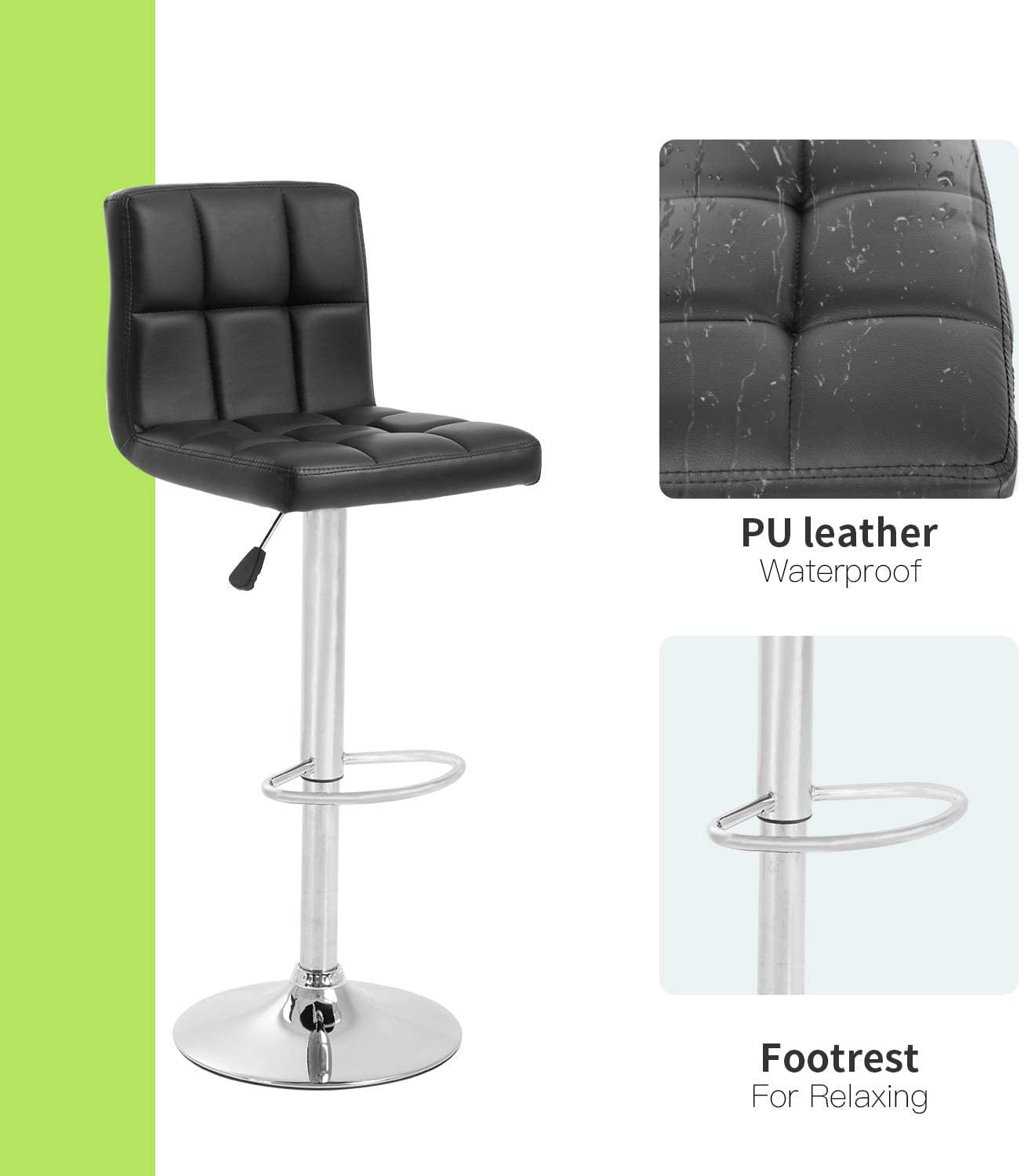 FDW Black Swivel Bar Stools PU Leather Padded with Back Height Adjustable Counter Stool Barstools Dining Chair,Set Of 2