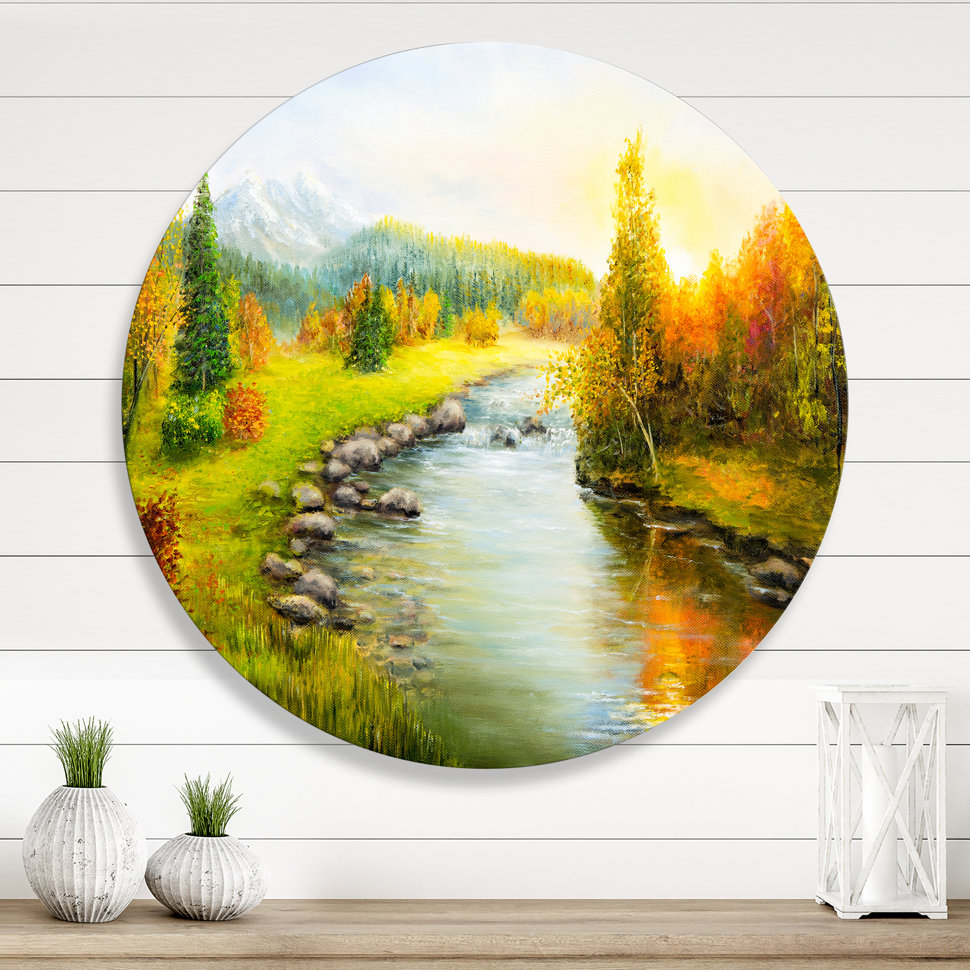 Designart 'Autumn Landscape With Forest River and Mountains' Lake House Circle Metal Wall Art 11x11 - Disc of 11