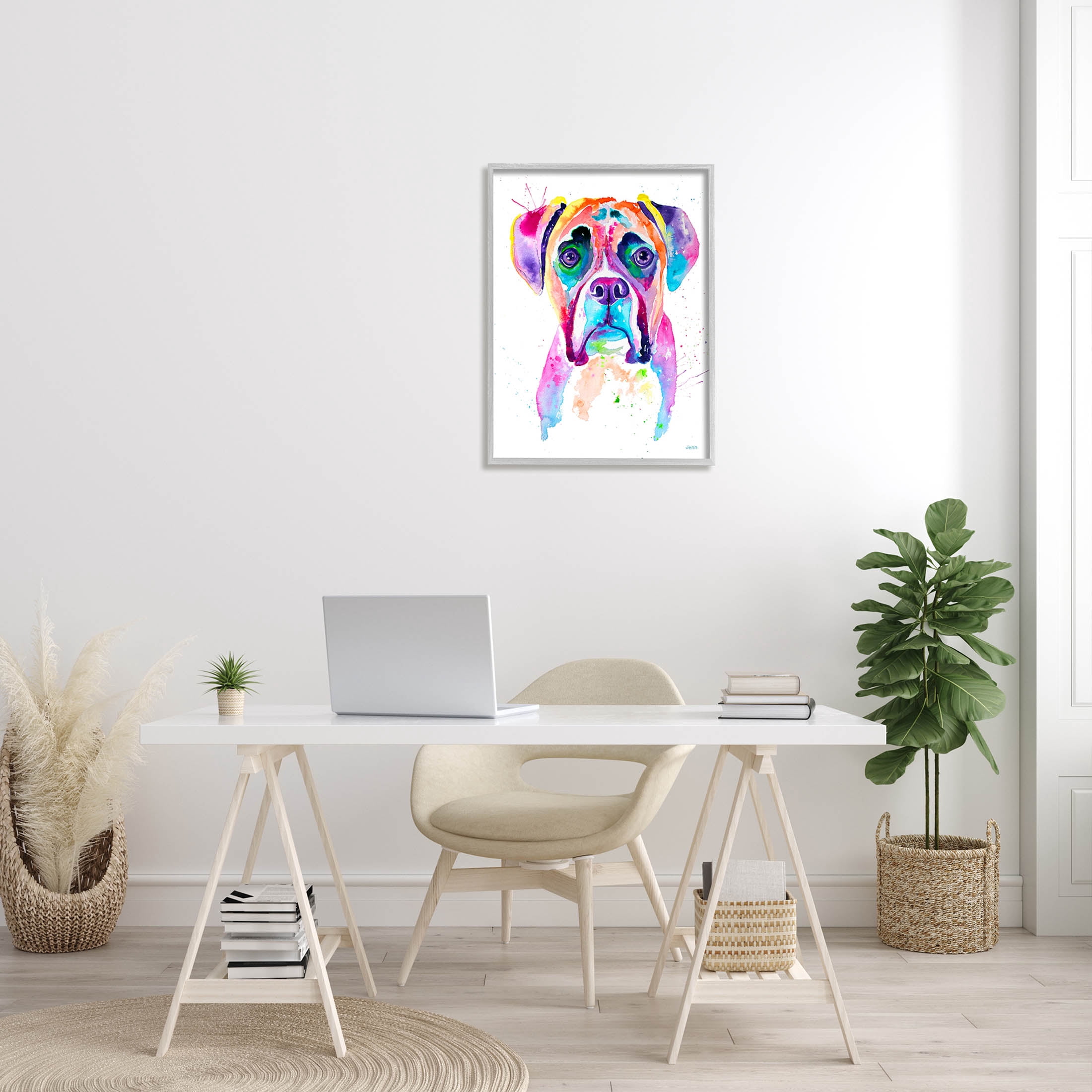 Boxer Dog Vivid Watercolor Style Animals & Insects Graphic Art Gray Framed Art Print Wall Art