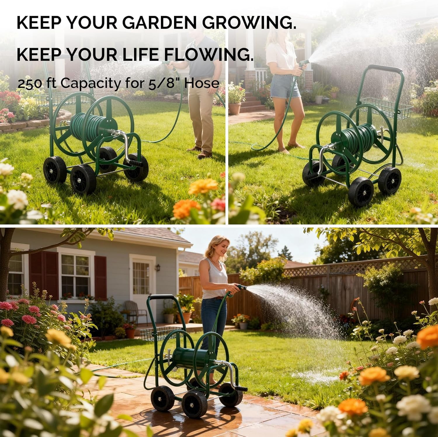 CHTER 4-Wheel Garden Hose Reel Cart with Storage Basket, Portable Residential Hose Reel Cart, Lawn Watering, for Garden Backyard and Farm (Green 250FT)