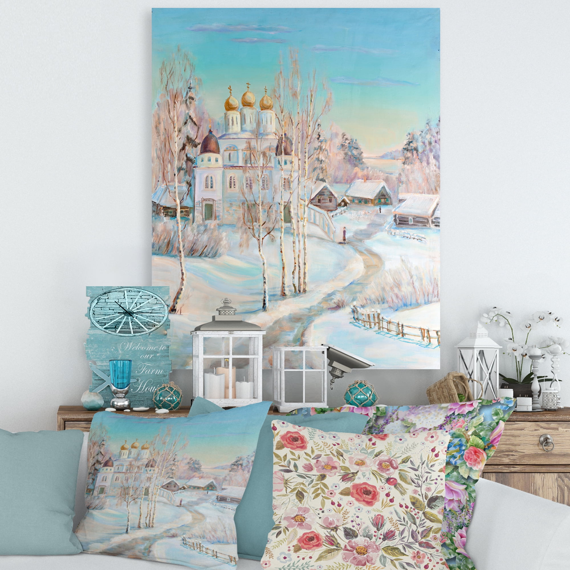 Temple Over Country Road In Winter Landscape 16 in x 32 in Painting Canvas Art Print, by Designart