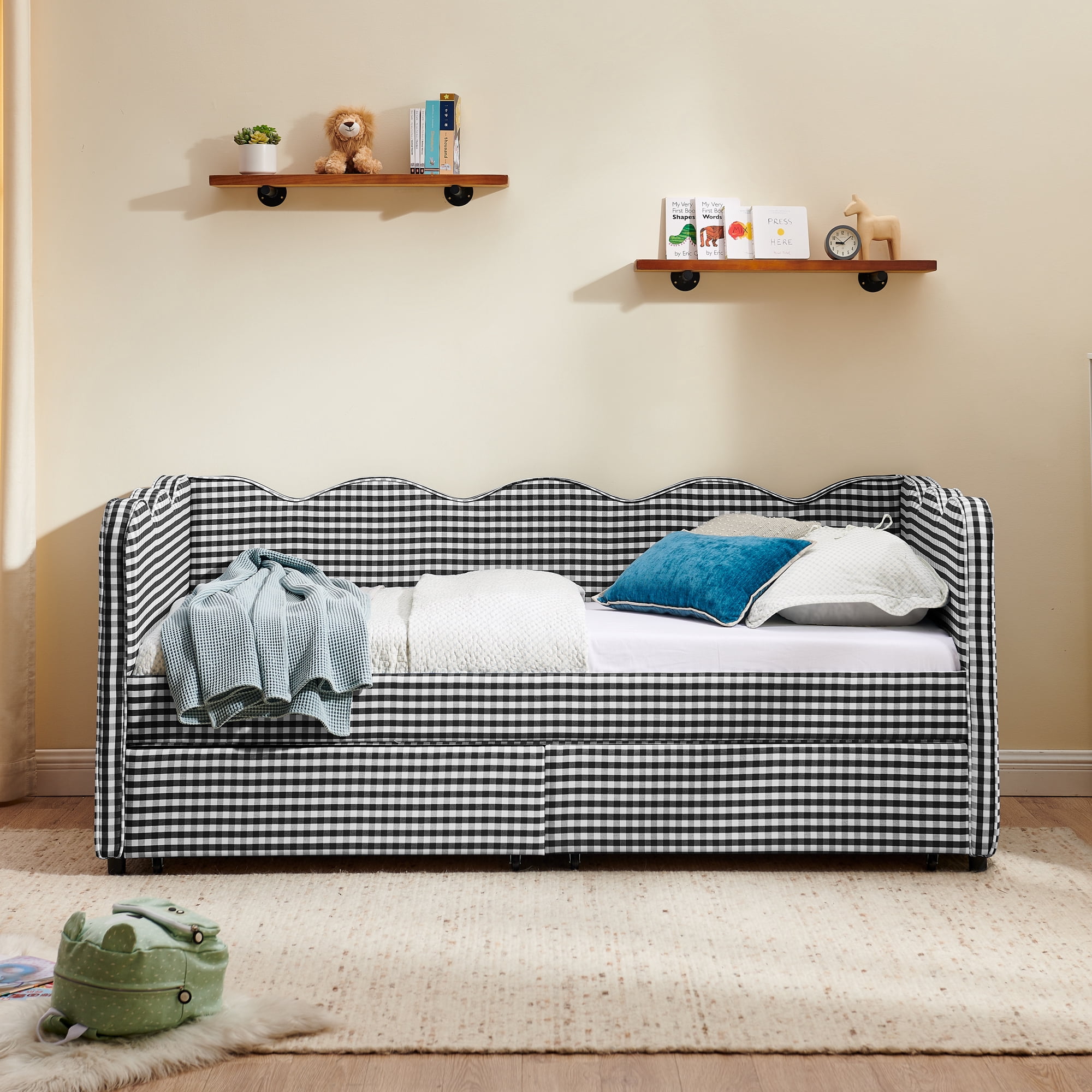 Twin Size Daybed with Storage Drawers and USB Port, Upholstered Linen Sofa Bed with Trundle Style Design, Kids Daybed Frame for Bedroom Living Room, Black