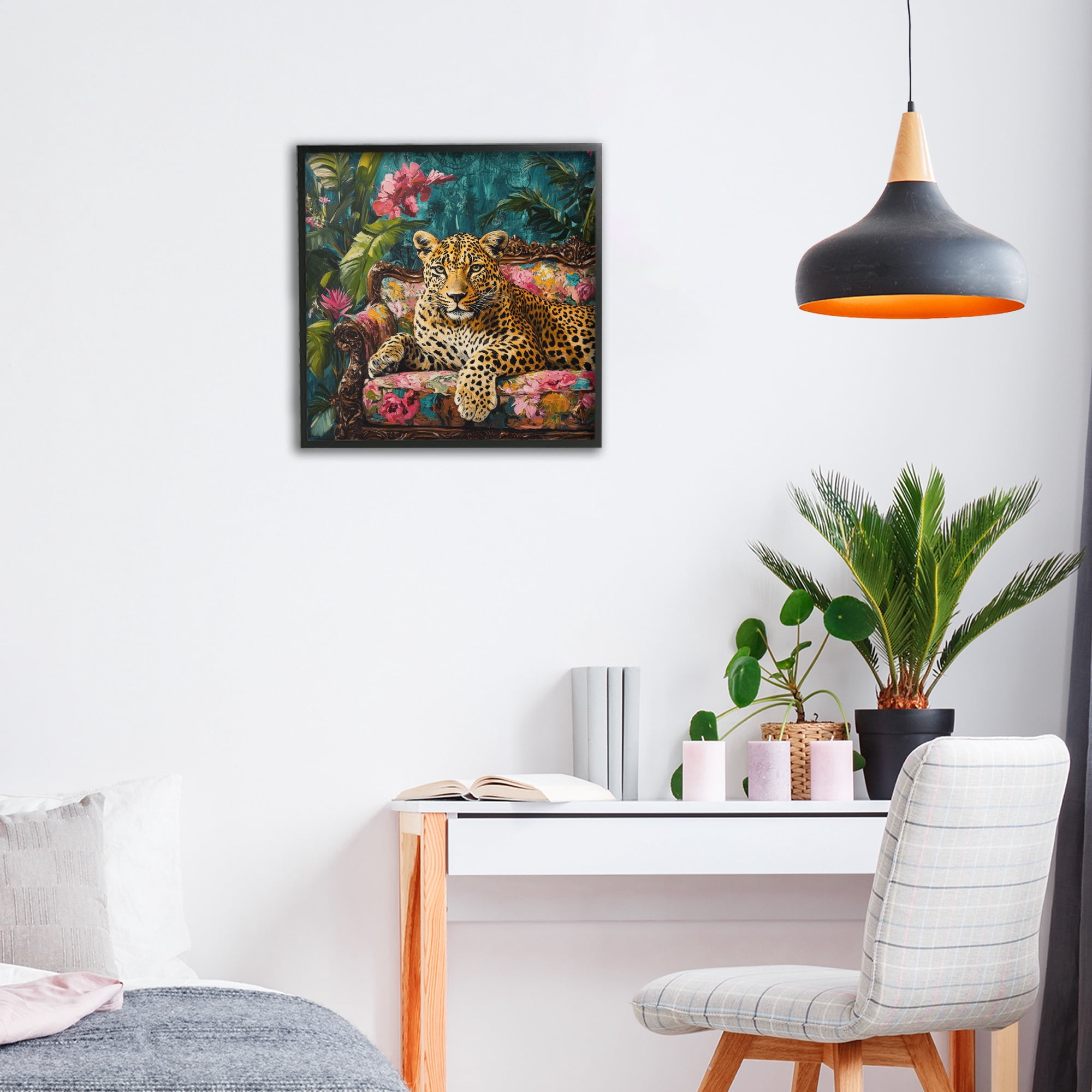 Stupell Industries Fashionable Leopard on Floral Sofa Black Framed Giclee Art, design by Petal Prints Design