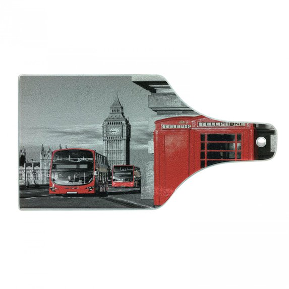London Cutting Board, London Telephone Booth in the Street Traditional Local Cultural England UK Retro, Decorative Tempered Glass Cutting and Serving Board, Wine Bottle Shape, Red Grey, by Ambesonne