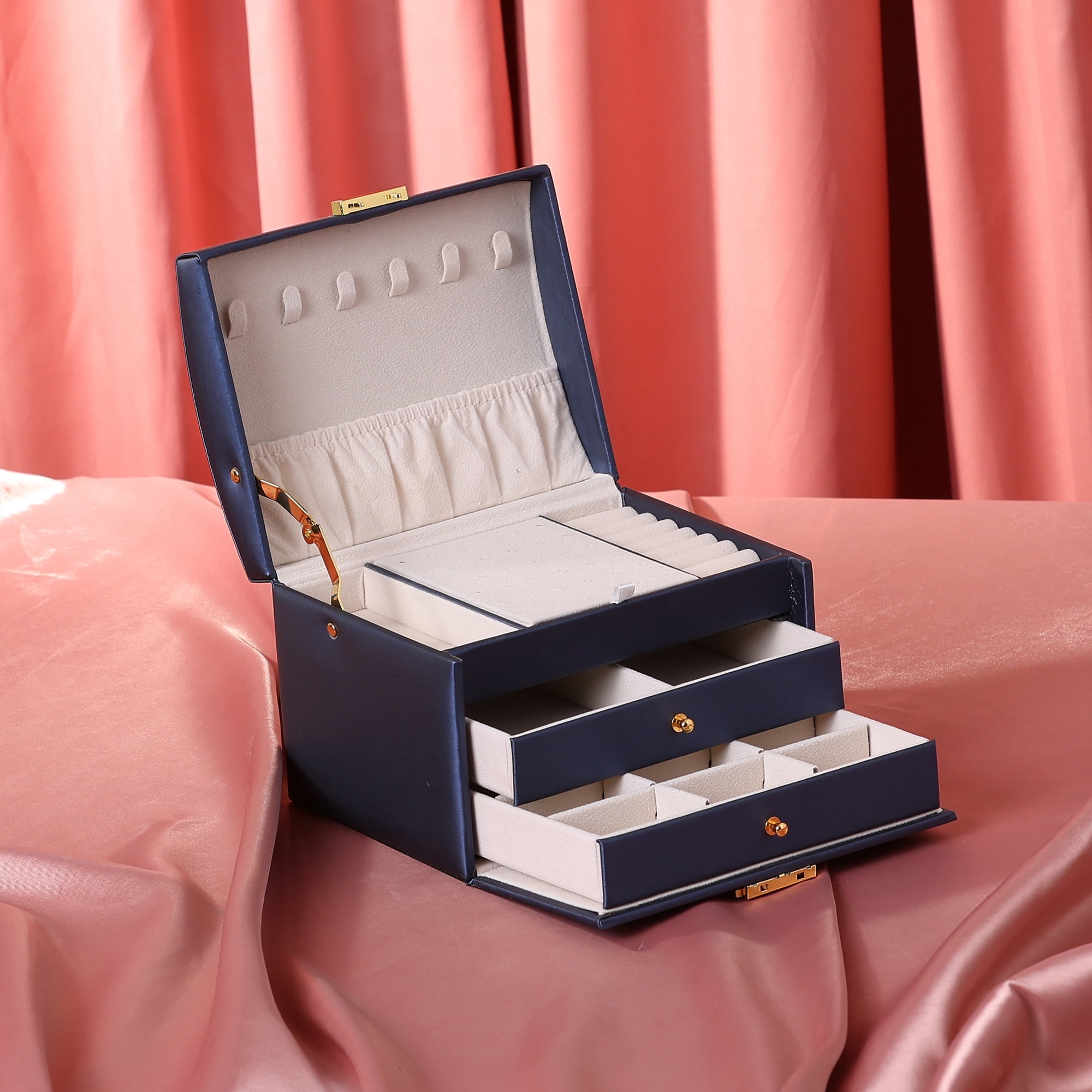 Unique Bargains 3 Layer Jewelry Box PU Leather Jewelry Organizer Case with Drawer Blue